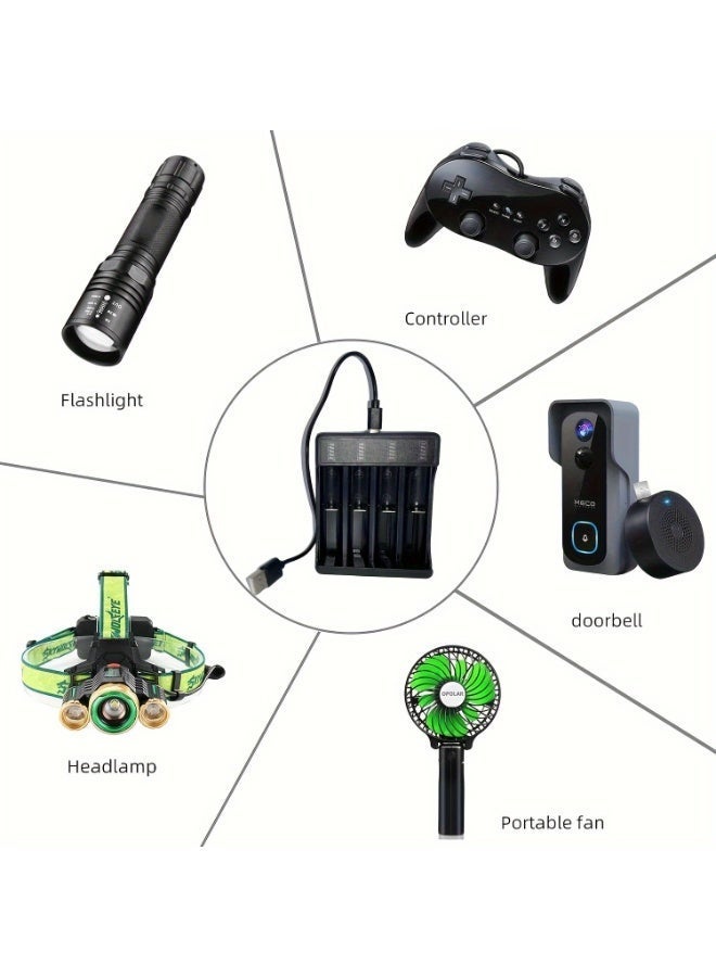 شاحن بطاريات ذكي USB بقوة 3.7 فولت، مناسب لبطاريات 18650 وبطاريات Li-Pd4، يدعم الشحن المستقل عبر منفذ USB، كما أنه مناسب لبطاريات الليثيوم أيون القابلة لإعادة الشحن من نوع 16340 و14500 و26650. يأتي مع بنك طاقة بأربعة منافذ. - Image 4